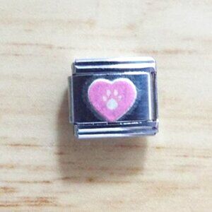 Paw print in pink enamel heart 9mm stainless steel italian charm bracelet link
